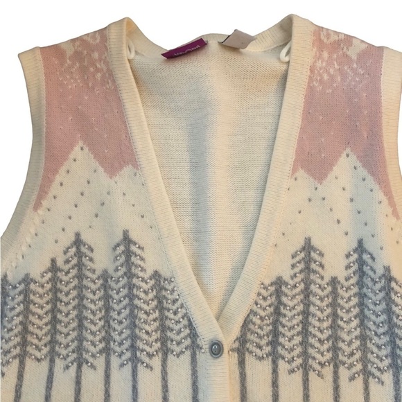 VTG TanJay Winter Vest L Cozy Trees Seed Pearls Gray Pink Cream Button Front - Picture 5 of 6